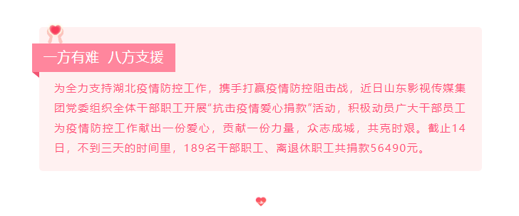 山影集團幹部職工(gōng)捐款5萬餘元 爲打赢疫情防控戰獻愛心盡力量 山影集團幹部職工(gōng)捐款5萬餘元 爲打赢疫情防控戰獻愛心盡力量